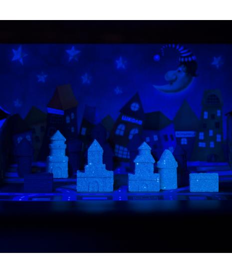 Игровой набор с песком ТМ Космический песок "Городские истории" 2 кг, светящийся песочный, голубой, 10 формочек, песочница AS-KPTCS