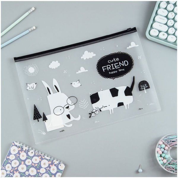 Папка-конверт на молнии A4 MESHU "Cute Friend" 150 мкм, прозрачная с рисунком RE-MS_44821
