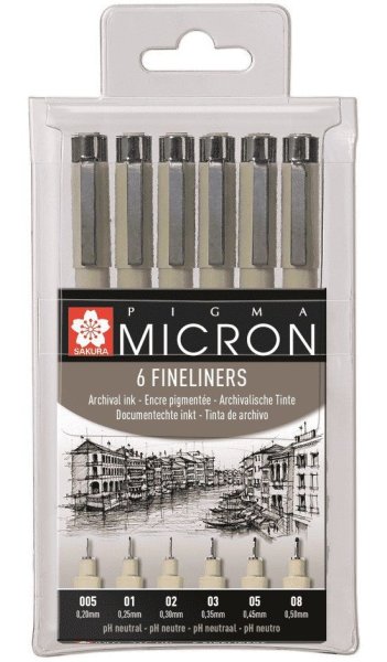Набор капиллярных ручек SAKURA Pigma Micron 6 шт (0.2 мм, 0.25 мм, 0.3 мм, 0.35 мм, 0.45 мм, 0.5 мм) Черный MPPOXSDK-6