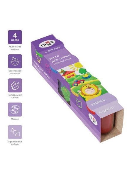 Тесто для лепки ГАММА "Малыш" 4 цв x 240 г, яркие цвета, картонный рукав RE-0509192