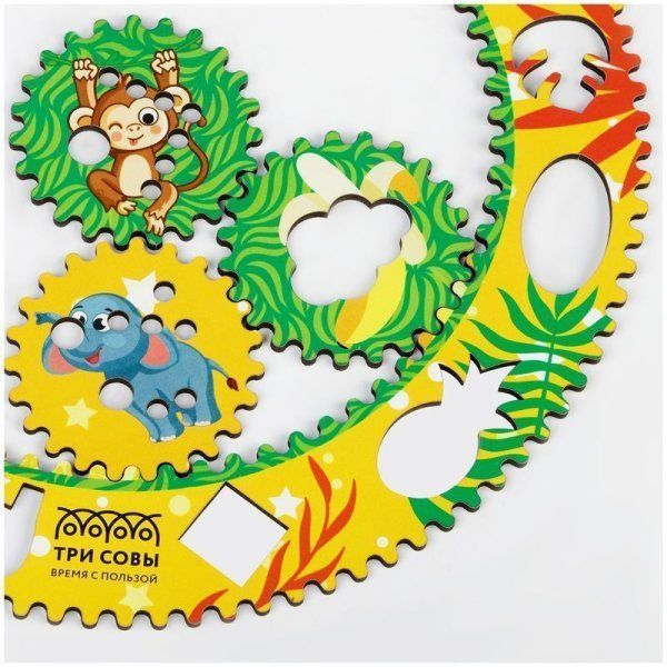 Спирограф для рисования ТРИ СОВЫ "Джунгли" дерево, 2 зубчатых колеса, 5 зубчатых кругов RE-СФ00005