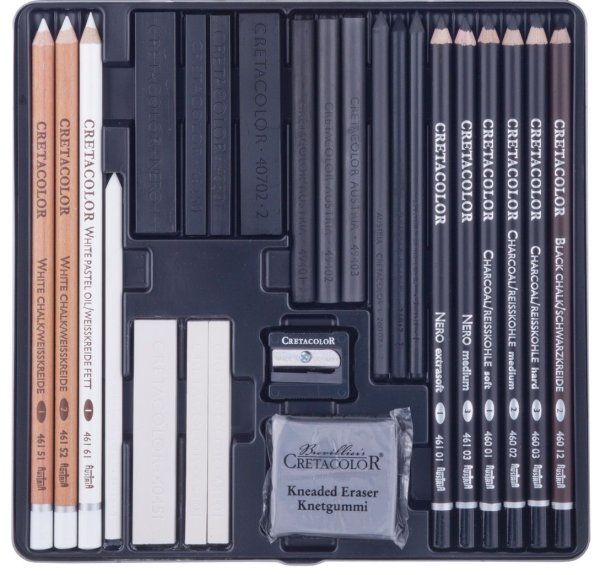 Набор для рисунков и эскизов CRETACOLOR Black&White Box 25 предметов, мет.пенал CR40026