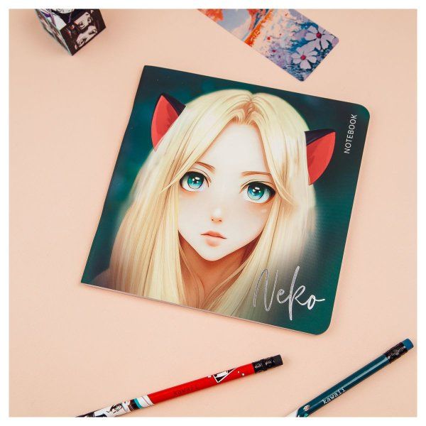 Записная книжка 170 x 170 мм 40л. MESHU "Neko" 80 г/м2 на скрепке, soft-touch, тиснение фольгой, без линовки RE-MS_53368