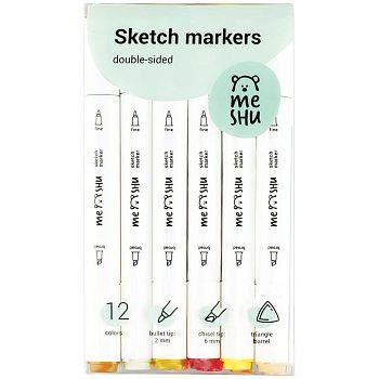 Набор двусторонних маркеров для скетчинга MESHU 12цв., цвета леса, корпус трехгранный, пулевид./клиновид.наконечники, ПВХ-бокс RE-MS_38260