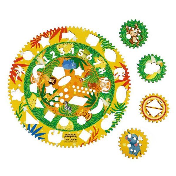 Спирограф для рисования ТРИ СОВЫ "Джунгли" дерево, 2 зубчатых колеса, 5 зубчатых кругов RE-СФ00005
