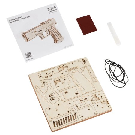 Конструктор деревянный ТРИ СОВЫ "Пистолет резинкострел" 18.5 x 2.7 x 13 cм, 58 деталей, картонная коробка RE-ДКНС020