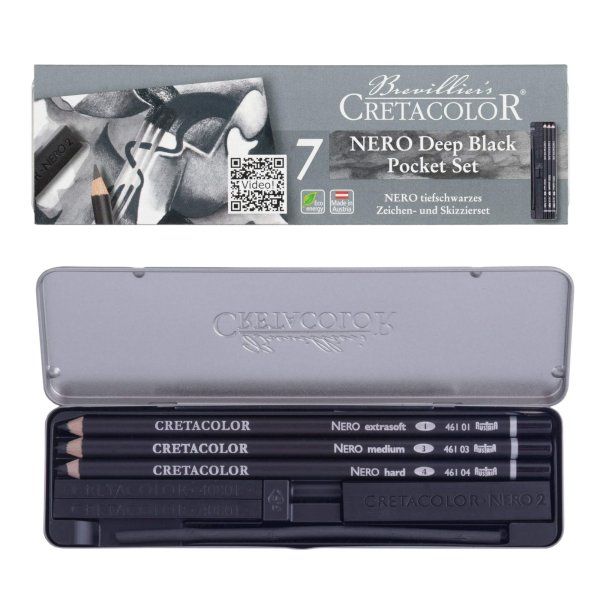 Набор для эскизов CRETACOLOR Nero Deep Black 7 предметов, мет.пенал CR40008