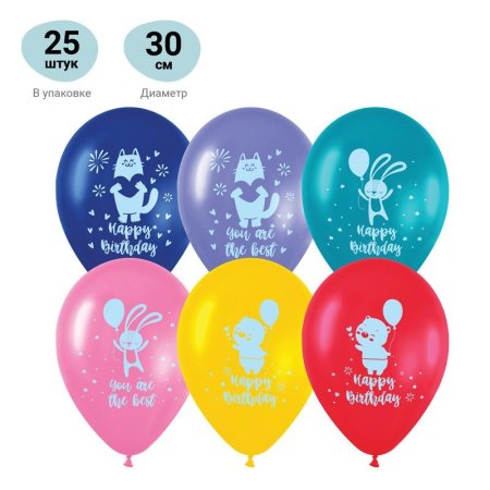 Воздушные шары, 25шт., М12/30см, MESHU "Happy birthday", пастель, ассорти RE-MS_42101