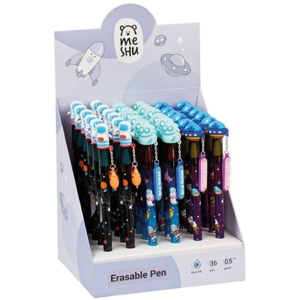 Ручка гелевая стираемая MESHU "Space Heroes" синяя, 0.5 мм, корпус ассорти, с топпером RE-MS_60997