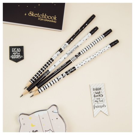 Карандаш ч/г MESHU "Black&white" HB заточенный, с печатью, с ластиком, ассорти RE-MS_47220