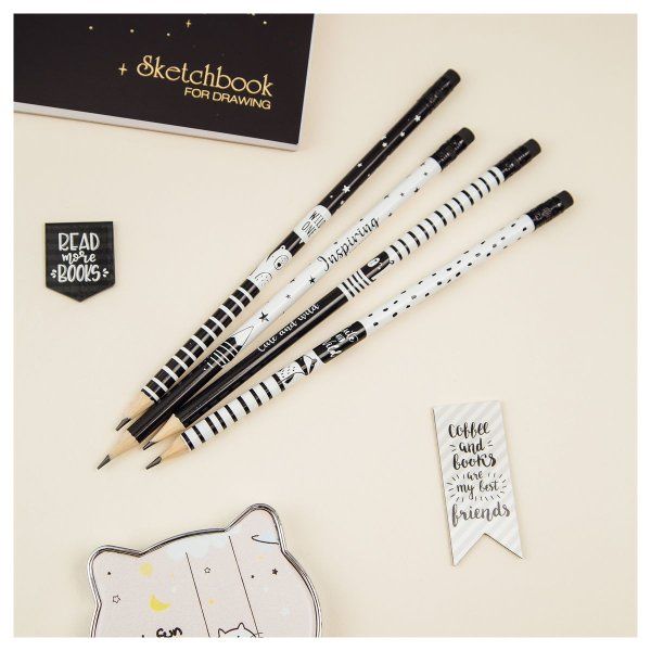 Карандаш ч/г MESHU "Black&white" HB заточенный, с печатью, с ластиком, ассорти RE-MS_47220