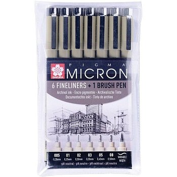 Набор капиллярных ручек SAKURA Pigma Micron 7 шт (0.2 мм, 0.25 мм, 0.3 мм, 0.35 мм, 0.45 мм, 0.5 мм + Pigma Brush) Черный MPPOXSDK7B