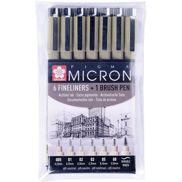Набор капиллярных ручек SAKURA Pigma Micron 7 шт (0.2 мм, 0.25 мм, 0.3 мм, 0.35 мм, 0.45 мм, 0.5 мм + Pigma Brush) Черный MPPOXSDK7B