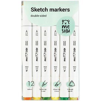 Набор двусторонних маркеров для скетчинга MESHU 12цв., осенние цвета, корпус трехгранный, пулевид./клиновид.наконечники, ПВХ-бокс RE-MS_38255