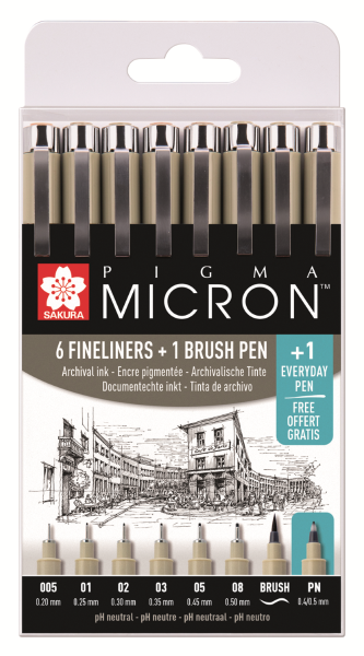 Набор капиллярных ручек SAKURA Pigma Micron 8 шт (0.2 мм, 0.25 мм, 0.3 мм, 0.35 мм, 0.45 мм, 0.5 мм + Pigma Brush + Pigma PN 0.4-0.5 мм) Черный MPPOXSDK8S