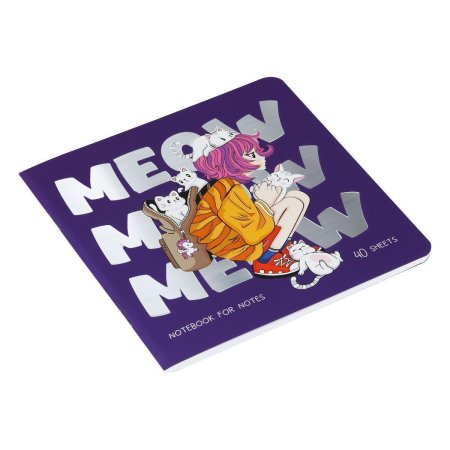 Записная книжка 170 x 170 мм 40л. MESHU "Meow" 80 г/м2 на скрепке, soft-touch, тиснение фольгой, без линовки RE-MS_53366