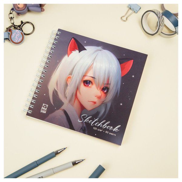 Скетчбук 60л. 150 x 150 мм MESHU "Neko" 120 г/м2, на гребне, выб. лак, soft-touch RE-MS_53036