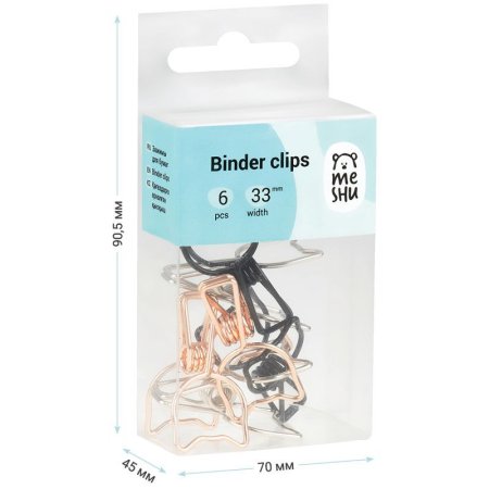 Зажимы для бумаг 33 мм MESHU "Cute Cats" 6 шт, ассорти, бокс с европодвесом RE-MS_41599