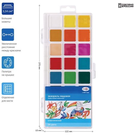 Акварель ГАММА "Классическая" медовая 24 цв, без кисти, пластик. упаковка RE-1009198